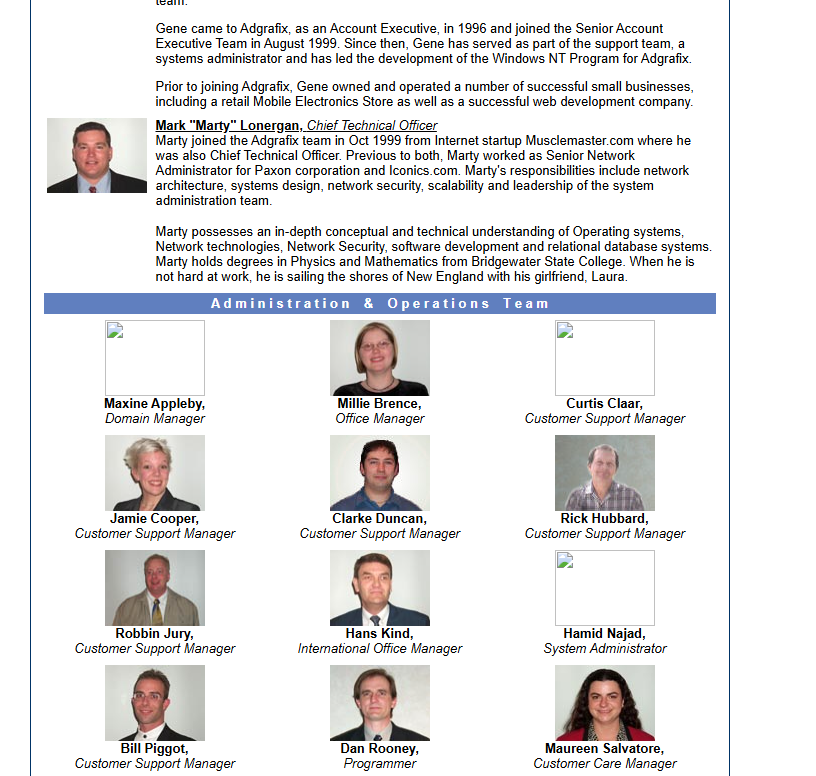 2001 Adgrafix Bio & Operations Team — "Led the Development of the Windows NT Program", Audio Excitement (MECP Master Installer) / Online Imaging & Maureen Salvatore