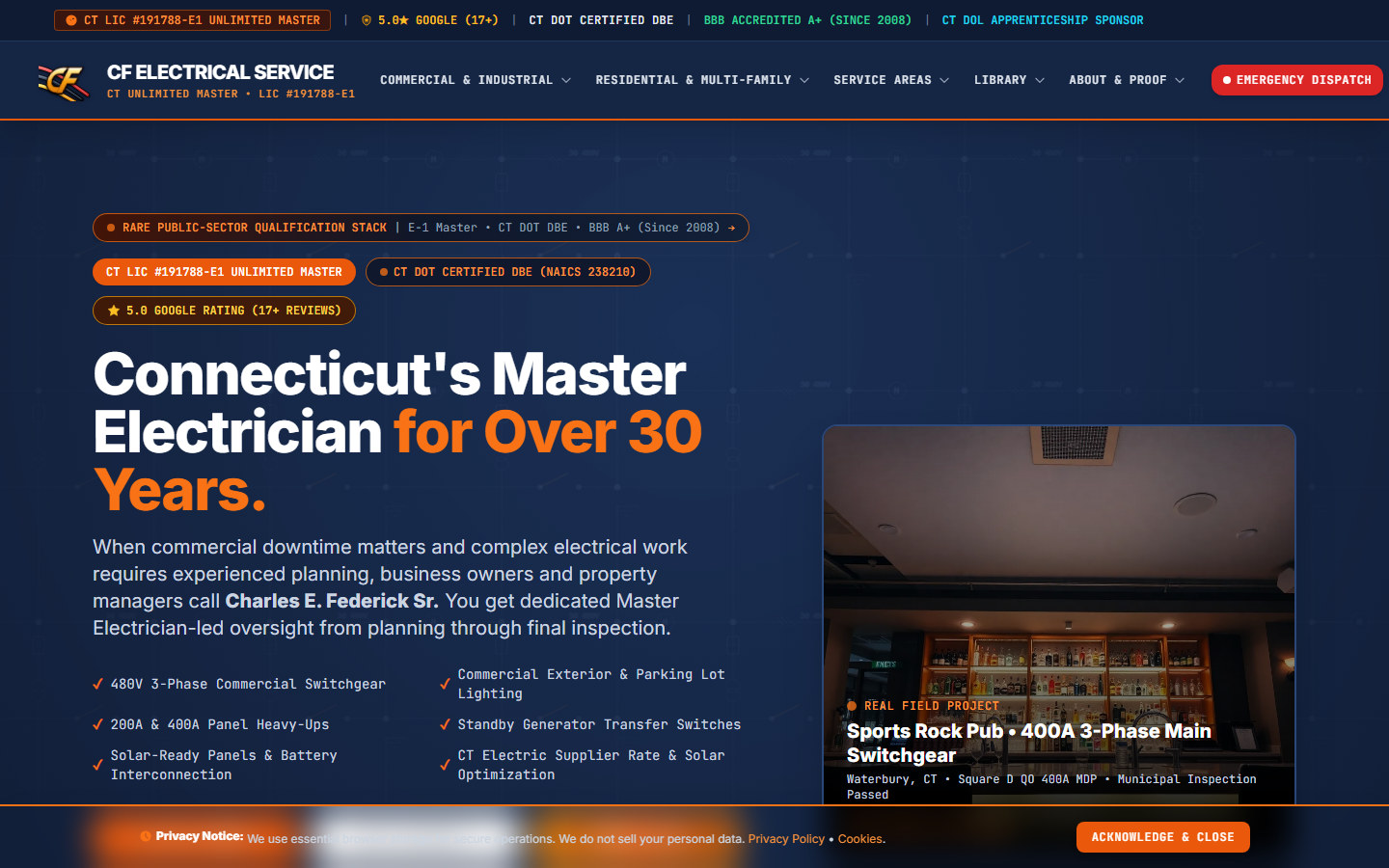 CF Electrical Service (cfelectricalservice.com): 61-Route Commercial 480V Power, Live Outage Telemetry & 5-Subsystem Operations Platform