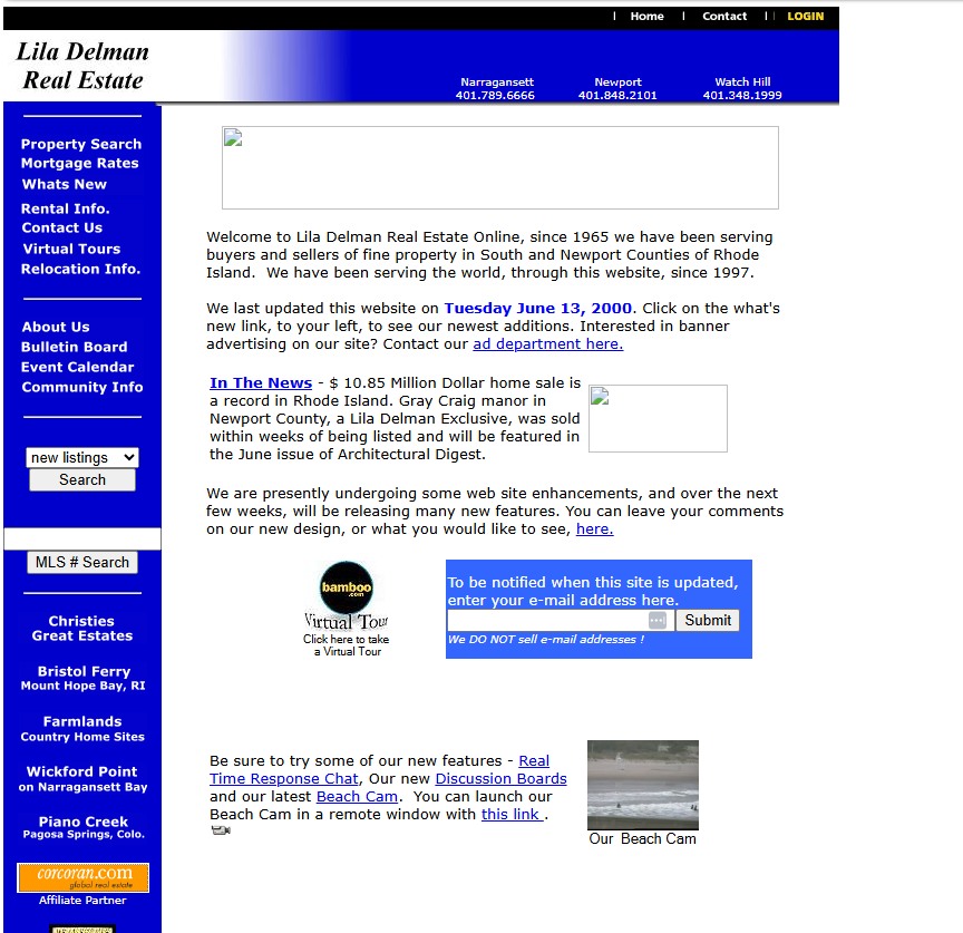 June 13, 2000 Lila Delman Real Estate Capture — Record $10.85M Newport Sale, Live Beach Cam & Real-Time Chat