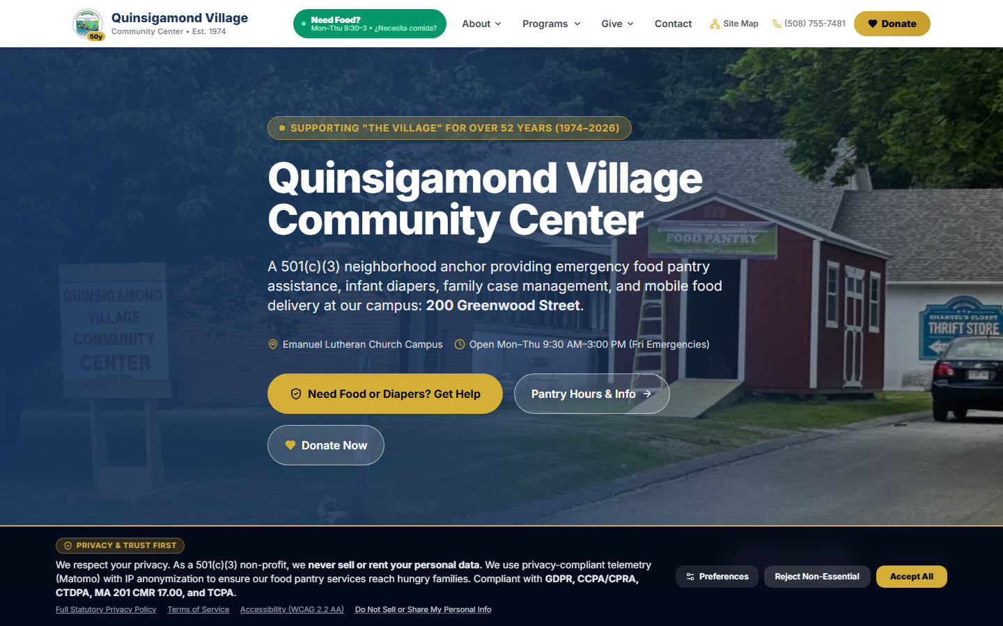 Quinsigamond Village Community Center (quinsigamondvillage.com): 18-Year Partner Rebuild from Legacy WordPress to a 30-Route Civic & Donor Platform
