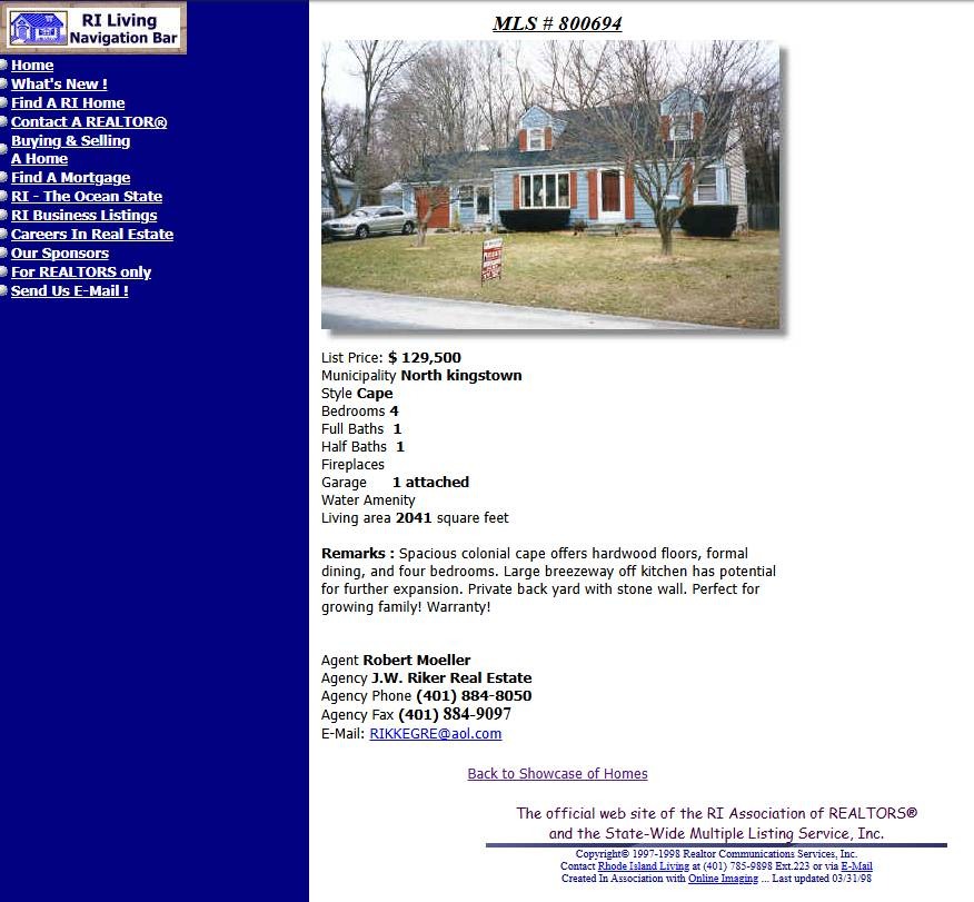 March 31, 1998 Dynamic Property Drill-Down — MLS # 800694 in North Kingstown ($129,500 Cape)